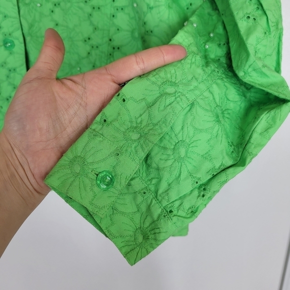 Quacker Factory Vintage Cotton Seed Pearls Eyelet Embroidered Green Jacket XL - Picture 4 of 17